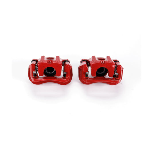 Pair of PowerStop rear red brake calipers with brackets for 2004-2007 Toyota Highlander, performance automotive replacement.