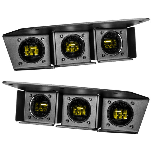 ORACLE Lighting Ford Bronco triple LED fog light kit with yellow lenses installed on steel bumper, designed for 2021-2022 models.