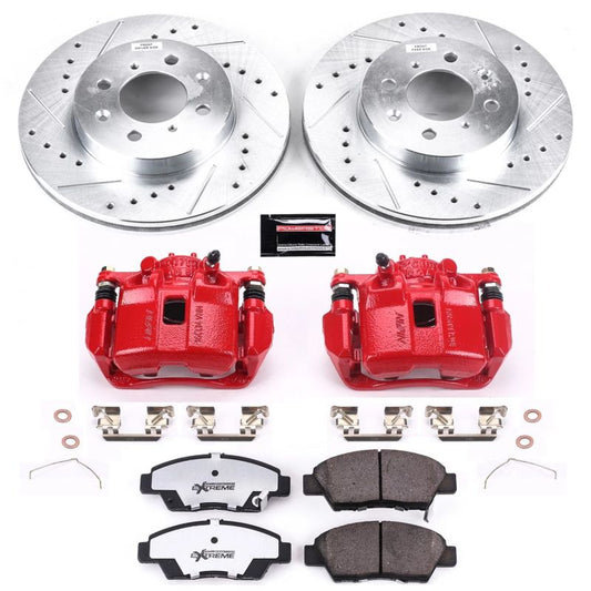 PowerStop 09-14 Honda Fit Z26 Street Warrior brake kit with front calipers and performance brake rotors, installed on the vehicle.