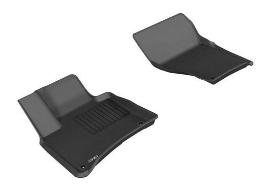Black 3D MAXpider rubber floor mat for 2011-2018 Porsche Cayenne and Volkswagen Touareg, first row, textured surface with logo.