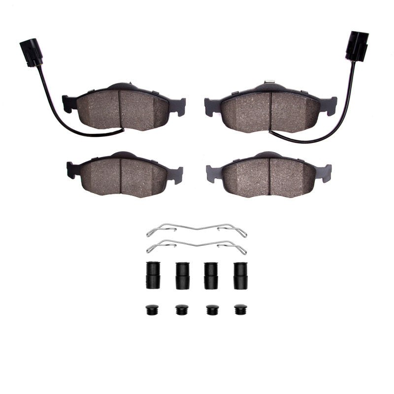 R1 Concepts Ford Contour 98-04 front ceramic brake pads and hardware kit showing OE brake pad set with hardware components.
