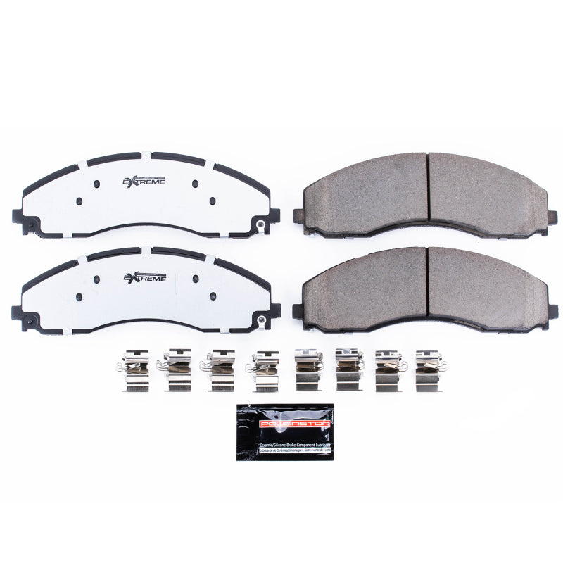 PowerStop Z36 rear brake pads with hardware for Ford F-450 Super Duty trucks 2017-2019, designed for towing and performance braking.