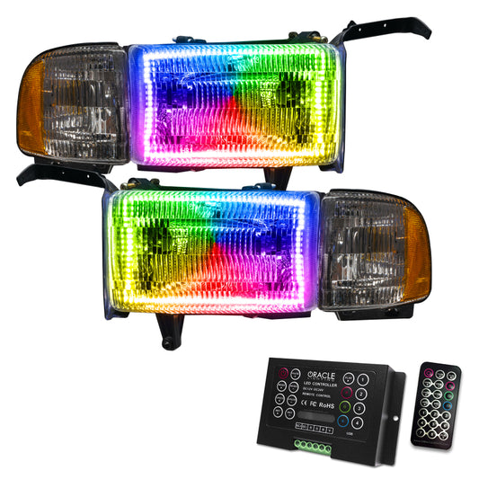 Oracle Dodge Ram 94-02 halo headlights with ColorSHIFT LEDs and 2.0 controller, showcasing pre-assembled design and vibrant lighting.