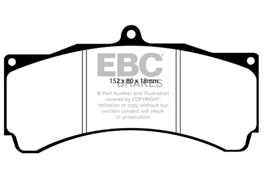 EBC Brakes Redstuff ceramic performance brake pads showing a close-up of the red brake pad material and metal backing plate.