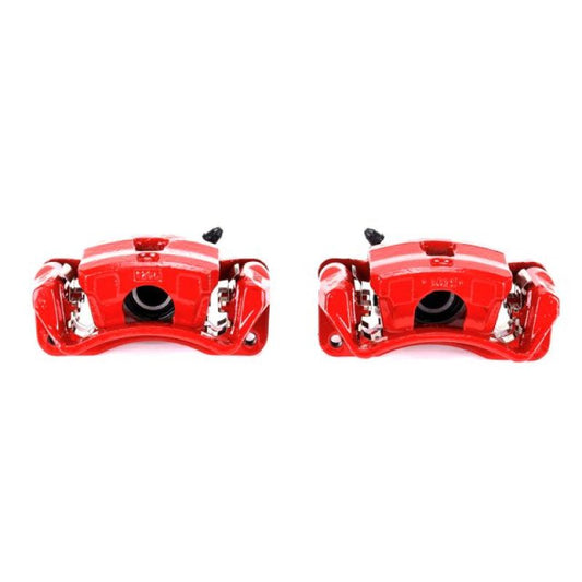 Pair of PowerStop rear red brake calipers with brackets for Mitsubishi Eclipse 2006-2012, performance brake calipers for enhanced stopping power.