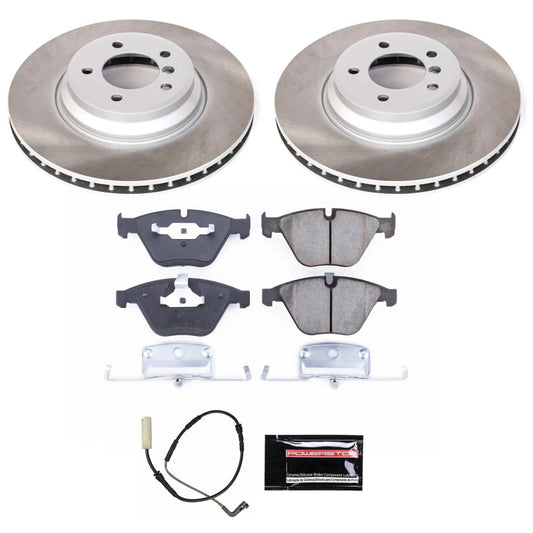 PowerStop front semi-coated brake rotor kit for BMW 335i (2007-2010), performance blank rotors with detailed vented design.