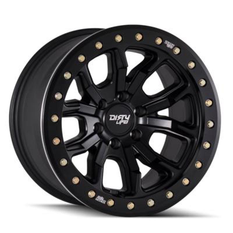 Dirty Life DT-1 17x9 matte black beadlock wheel with 5x127 bolt pattern, -38mm offset, cast construction, and 78.1mm hub