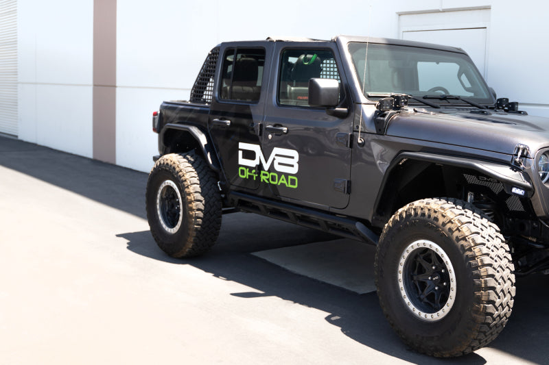 DV8 Offroad FS-15 Series rock sliders on 2021 Jeep Wrangler JL 4-door, exterior body armor for off-road protection