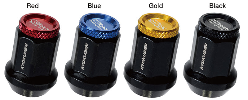 Project Kics Kyokugen black aluminum lug nut set with blue caps, 20 pieces, for 12x1.25 vehicle wheel applications.