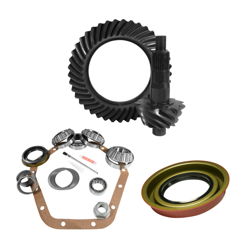 Yukon Gear & Axle rear pinion install kit for 10.5-inch GM 14 bolt with 4.11 gear ratio, including ring and pinion components.