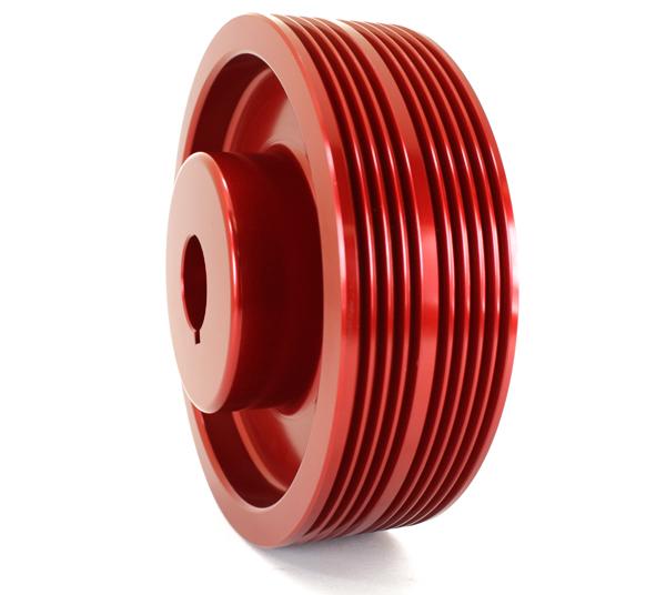 GrimmSpeed Subaru red lightweight crank pulley for underdrive performance, made of durable lightweight metal, shown on engine accessory.