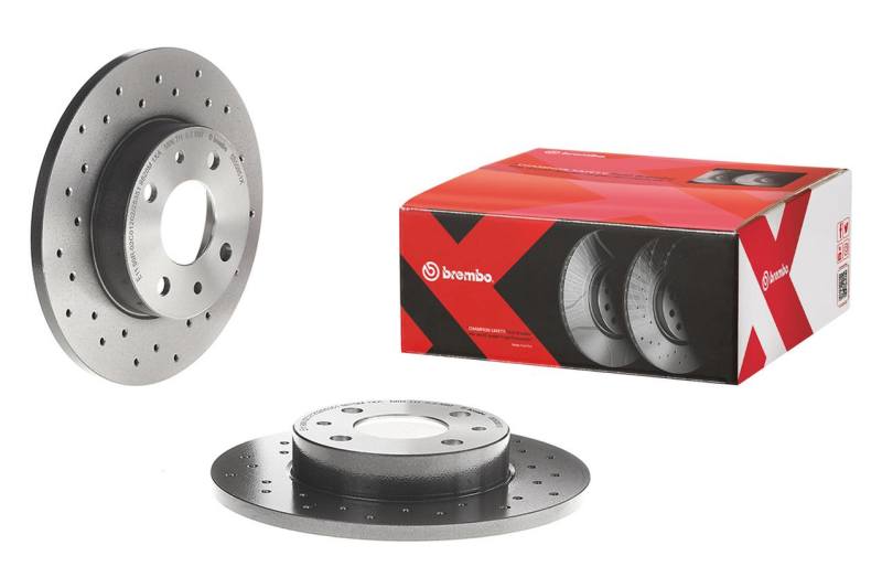 Brembo OE front drilled brake rotor for Porsche Boxster 13-16 and Cayman 14-16, UV coated for corrosion resistance.