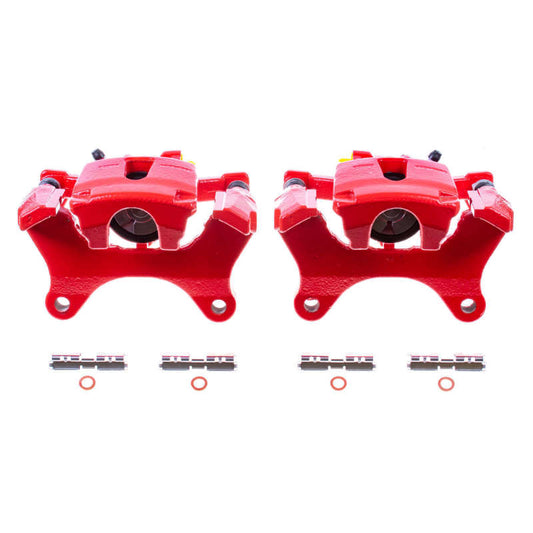 Pair of PowerStop rear red brake calipers with brackets for 2015-2017 Ford F-150 pickup truck, performance brake calipers.