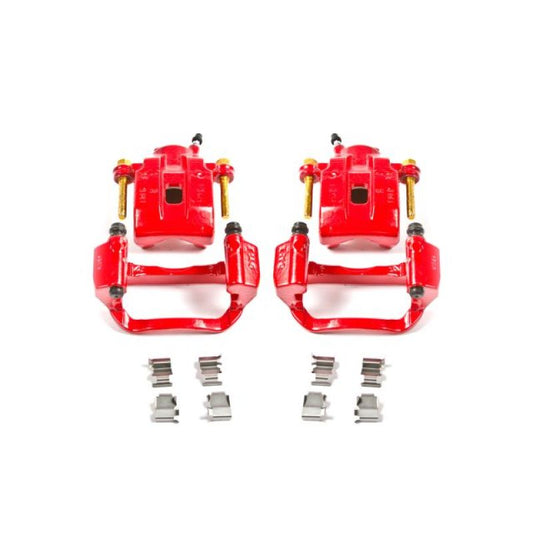 Pair of PowerStop rear red brake calipers with brackets for Toyota Sequoia 2008-2015, high-performance replacement brake components.
