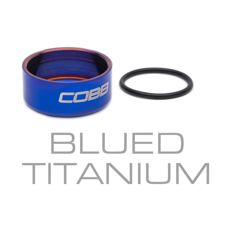Blue titanium Cobb knob trim ring for shift knobs, showcasing a sleek, metallic finish and precise fit.