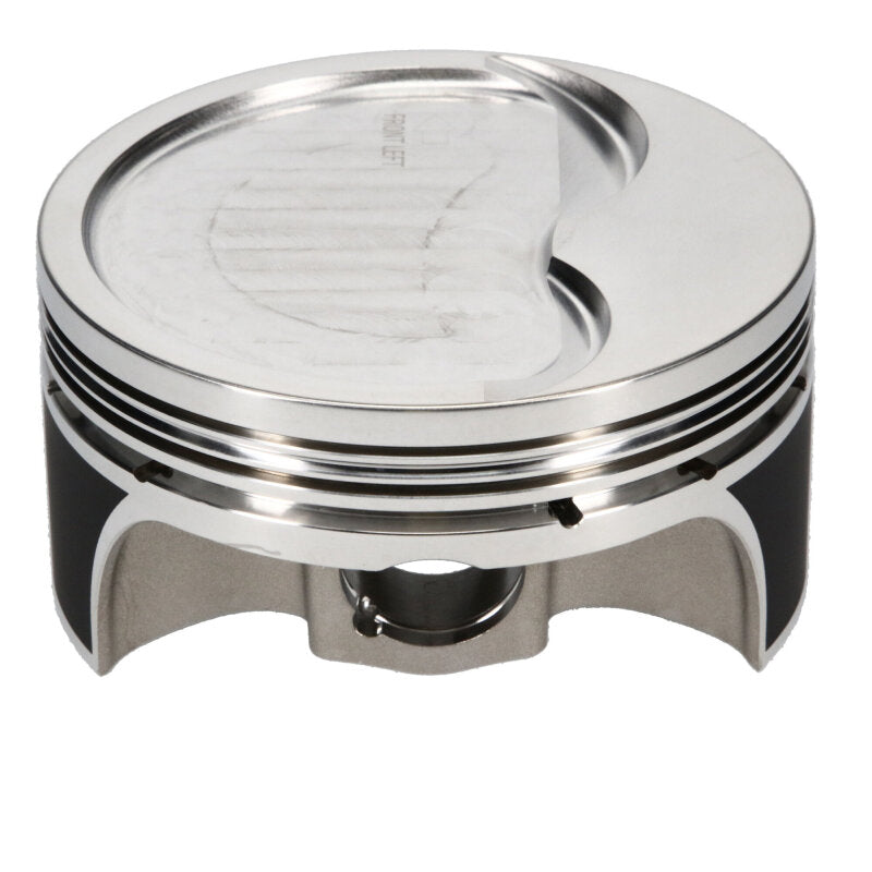 Set of 8 forged JE Pistons for GM LS3 LS4 stroker engines, 2618 aluminum for high-performance 8-cylinder engine rebuilds.
