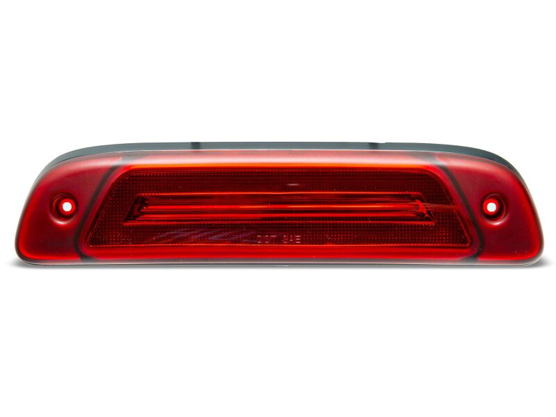 Raxiom Toyota Tacoma LED third brake light in red, mounted on the rear of a 2010s truck, showing its sleek design.