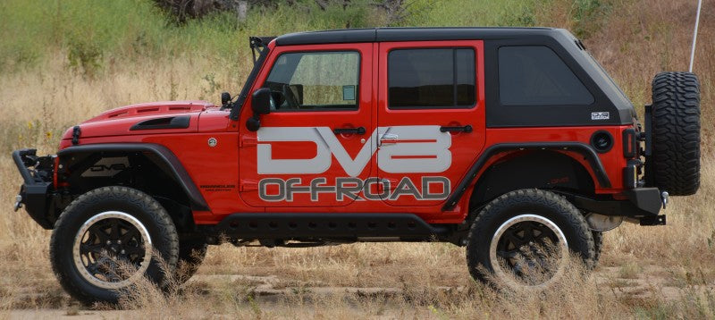 DV8 Offroad Jeep Wrangler JK metal heat dispersion hood in primer black, designed for 2007-2018 Jeep JK models.