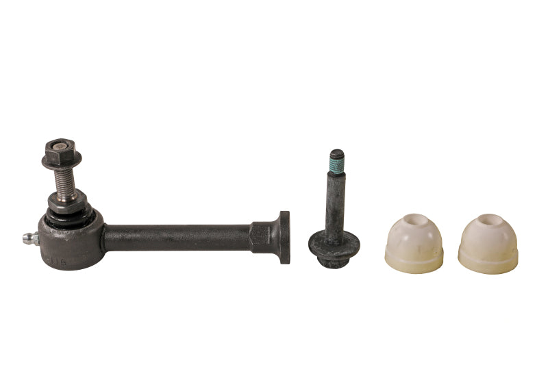 Moog Ford Escape rear sway bar endlinks, 2013-2018, close-up of black metal sway bar link connecting suspension components