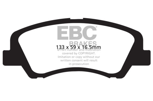 EBC 12+ Hyundai Accent 1.6 Ultimax2 front brake pads, OE type, showing brake pad with metal backing and friction surface.