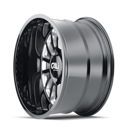 Gloss black Cali Off-Road cast wheel, Summit 20x10, 6x139.7 bolt pattern, -25mm offset, 106mm hub with milled accents.