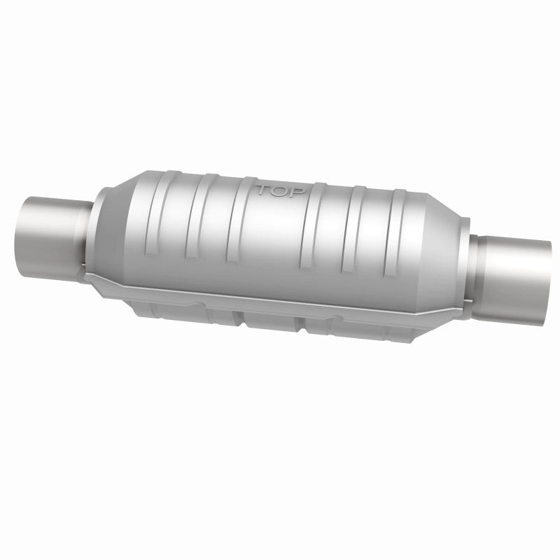 MagnaFlow universal catalytic converter with 2-inch inlet and outlet, 11-inch stainless steel body, for vehicle exhaust systems.