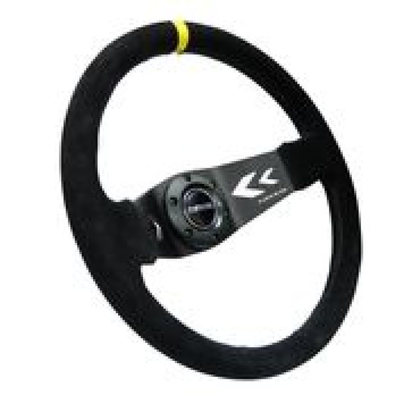 NRG reinforced black suede steering wheel, 350mm diameter, 3-inch deep, with yellow mark and arrow cut 2-spoke design