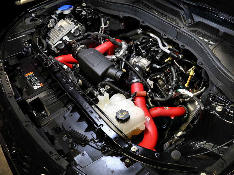 aFe BladeRunner aluminum cold charge pipe in red for 2020-2023 Ford Explorer ST V6 3.0L turbo intercooler system