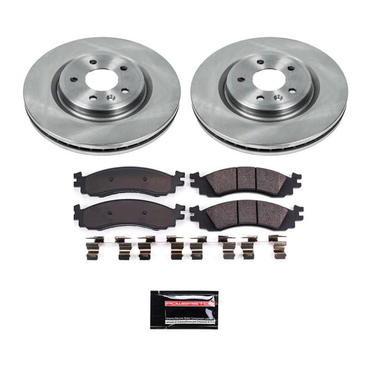 PowerStop front semi-coated rotor kit for 2010 Ford Taurus, performance brake kit with vented rotors and hardware.