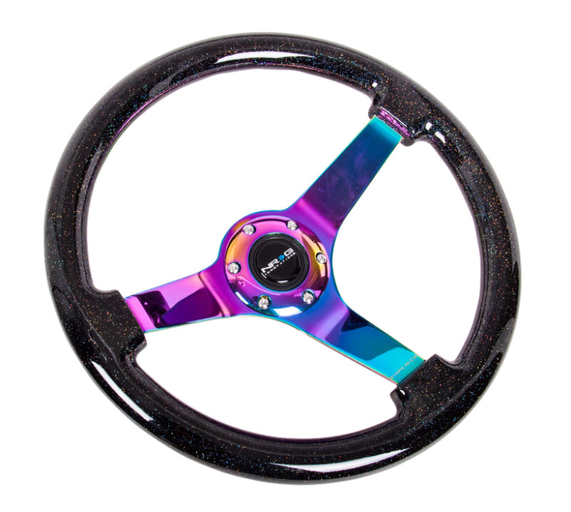 NRG reinforced steering wheel, 350mm classic black sparkle with 3-spoke center and 4mm neochrome accents, car interior accessory
