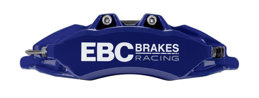 EBC Racing Blue Apollo-6 front brake calipers and 355mm rotors from the Nissan 400Z big brake kit, showcasing high-performance braking components.