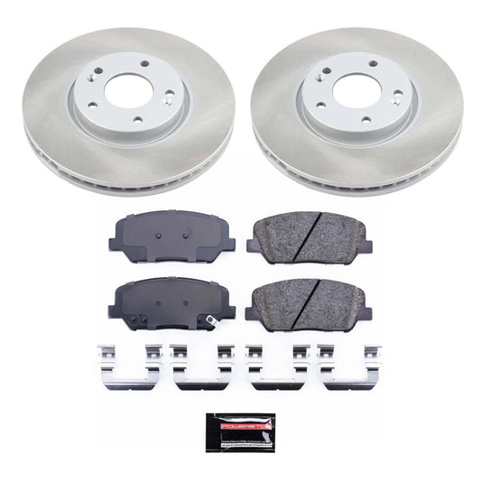 PowerStop front semi-coated rotor kit for 2013-2015 Hyundai Veloster, performance brake kit with semi-coated rotors and hardware.