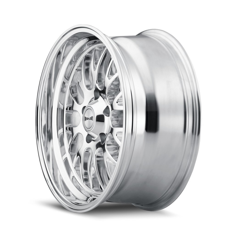 Polished Ridler 607 18x8 cast wheel with 5x120.65 bolt pattern, 0mm offset, 83.82mm hub bore, showcasing sleek wheel design