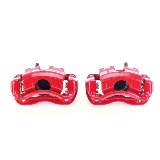 Pair of PowerStop red front brake calipers with brackets for 2012-2017 Hyundai Accent, performance brake calipers for enhanced stopping power.