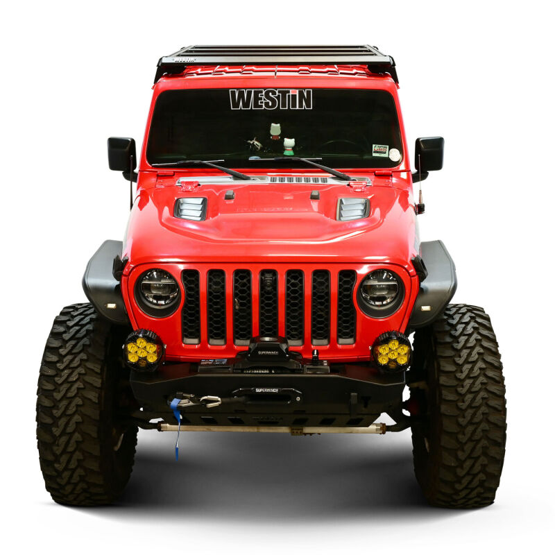 Westin Jeep Gladiator Mesa roof rack for 20-26 models, durable steel construction with mounting system for cargo transport.