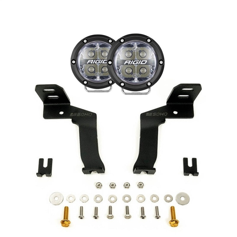 Rigid Industries 21-27 Ford F-150 360 Kit with LED light bars and cubes installed on truck front grille.