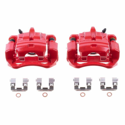 Pair of PowerStop 13-16 Scion FR-S rear red performance brake calipers with brackets, shown mounted on vehicle.