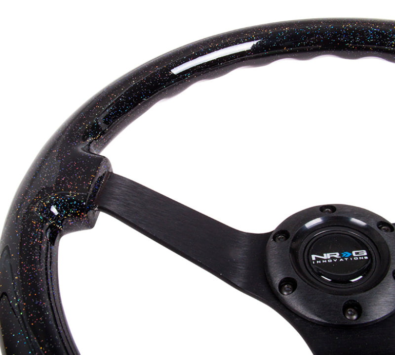 NRG reinforced 350mm steering wheel with classic black sparkle wood grain and black 3-spoke center, designed for sports cars.