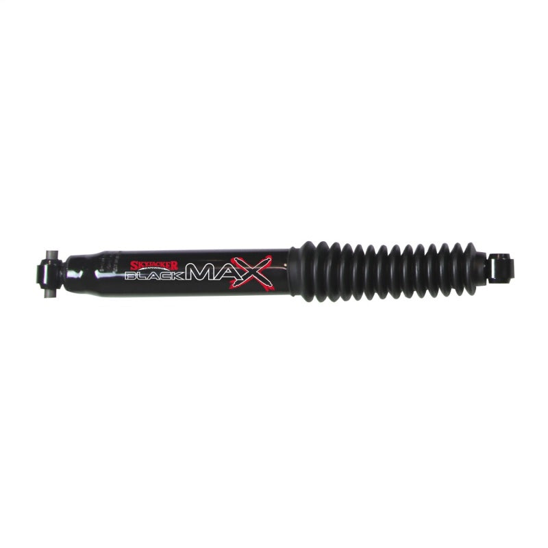 Skyjacker black front shock absorber with boot installed on 2018+ Jeep Wrangler JL, designed for 3-4 inch lift suspension.