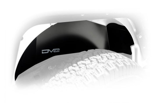Black DV8 Offroad aluminum rear inner fender liner for Jeep Wrangler JK 2007-2018, designed as a durable wheel well liner.
