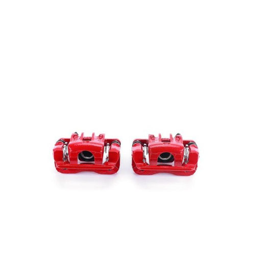 Pair of PowerStop rear red brake calipers with brackets for Hyundai Tucson 2005-2009, performance brake calipers, front view.