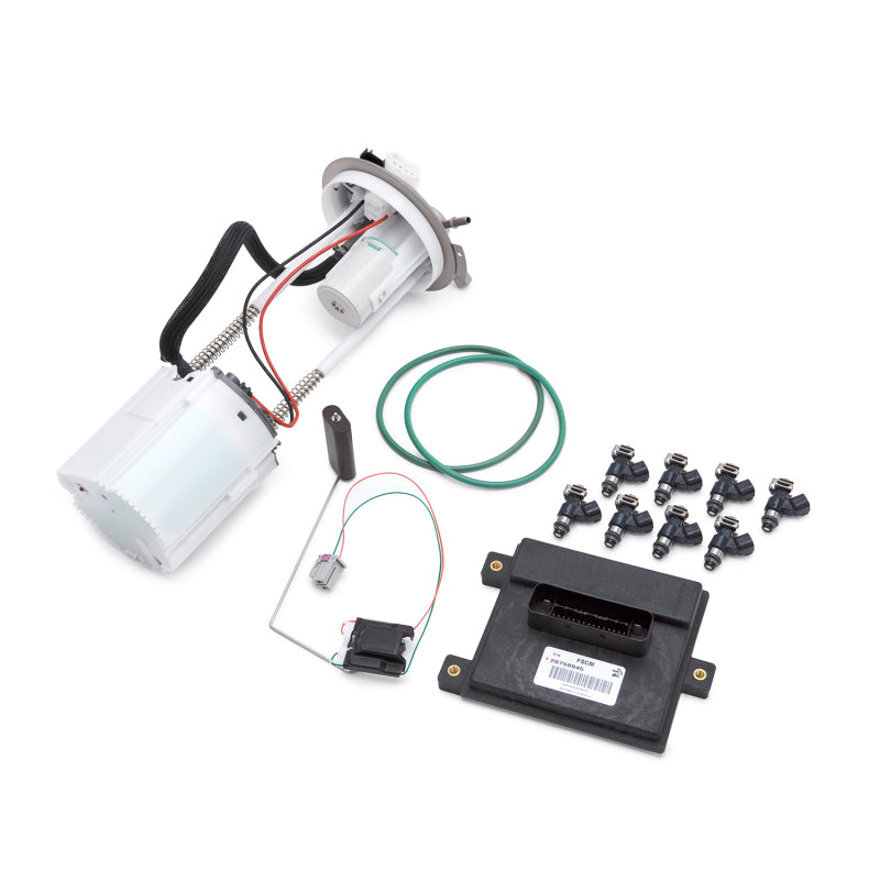 Edelbrock Supercharger supplemental fuel pump kit for GM trucks 2007-2009 6.0L and 6.2L non-flex fuel engines, includes pump components.