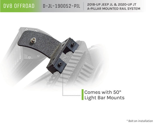 DV8 Offroad JL/Gladiator Picatinny Rail A-Pillar Pod LED Light Mount showcasing durable metal construction and mounting points