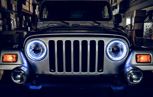 Oracle Lighting LED waterproof halo kit with white rings for Jeep Wrangler TJ 97-06 fog lights, providing bright, durable illumination.