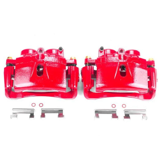 Pair of PowerStop front red brake calipers with brackets for Chevrolet Express 3500 2003-2019, performance brake calipers for trucks.