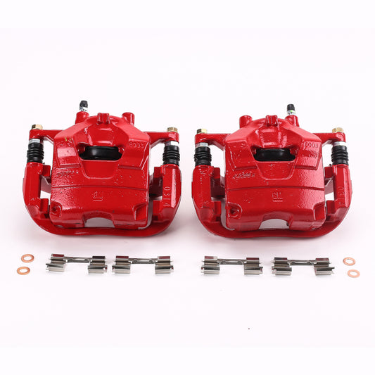 Pair of PowerStop red front brake calipers with brackets for Buick Encore 2013-2017, performance replacement brake calipers.
