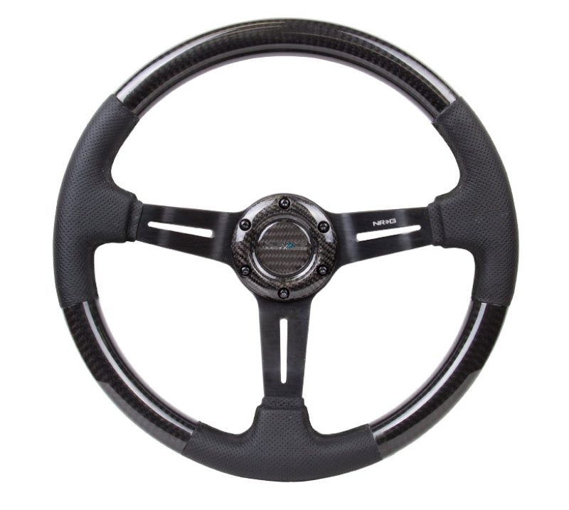 NRG carbon fiber steering wheel with leather trim, black stitching, slit cutout spokes, 350mm diameter, 1.5-inch deep design