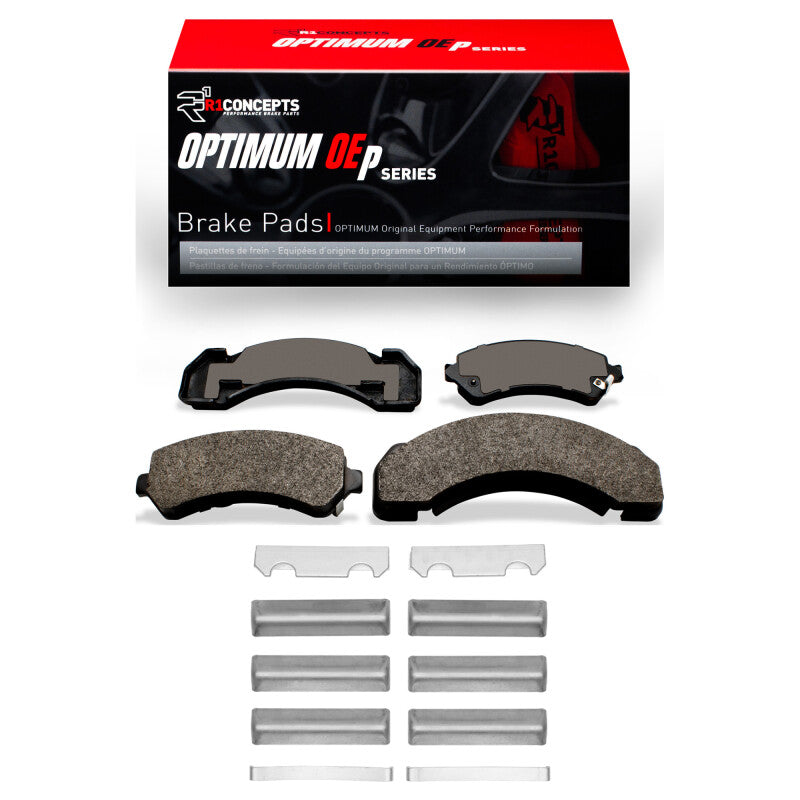 R1 Concepts Chevrolet P30 brake pads and hardware kit, front and rear OE brake pads for Chevrolet P30 vehicle.