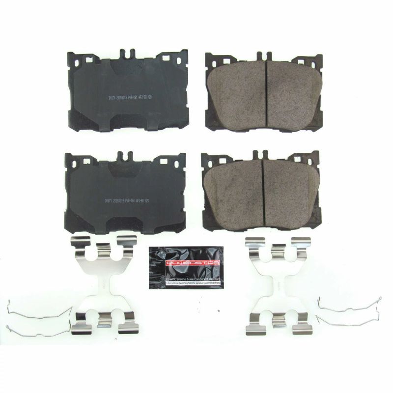 PowerStop Z23 Evolution sport brake pads for Mercedes-Benz C43 AMG front, with hardware, performance brake replacement.