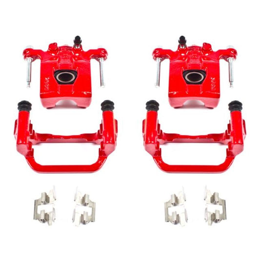 Pair of PowerStop red rear brake calipers with brackets for Nissan Altima 2007-2012, performance brake calipers for enhanced stopping power.